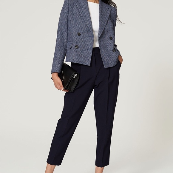 BOSS HUGO BOSS Joia Blazer Check Plaid Double Breasted Boxy Blue Linen Denim 10 - Picture 2 of 12